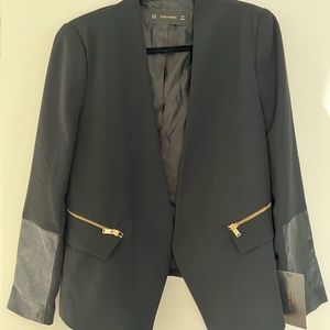 Zara Black Blazer with Gold Zipper and Faux Leather Details